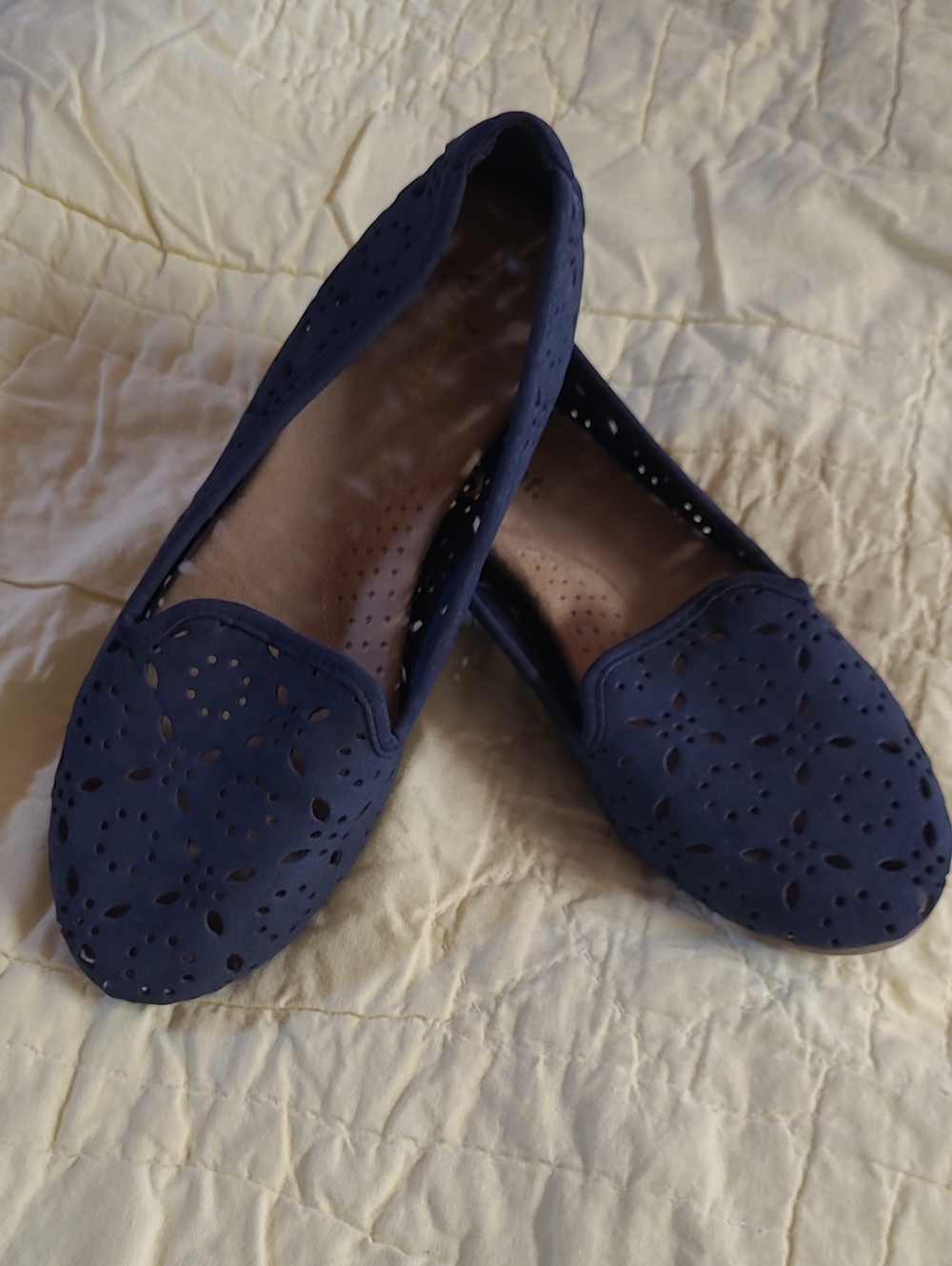 Laser-Cut Navy Slip-On Flats